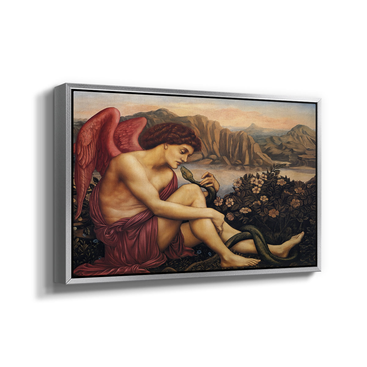 Angled view of The Angel with the Serpent, c. 1870-1875 by Evelyn De Morgan in a silver floater framed canvas.