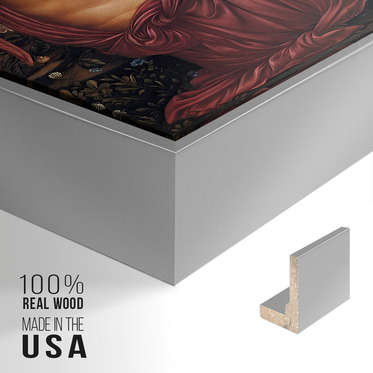 Close-up of the silver floater frame corner and gallery wrapped canvas construction.