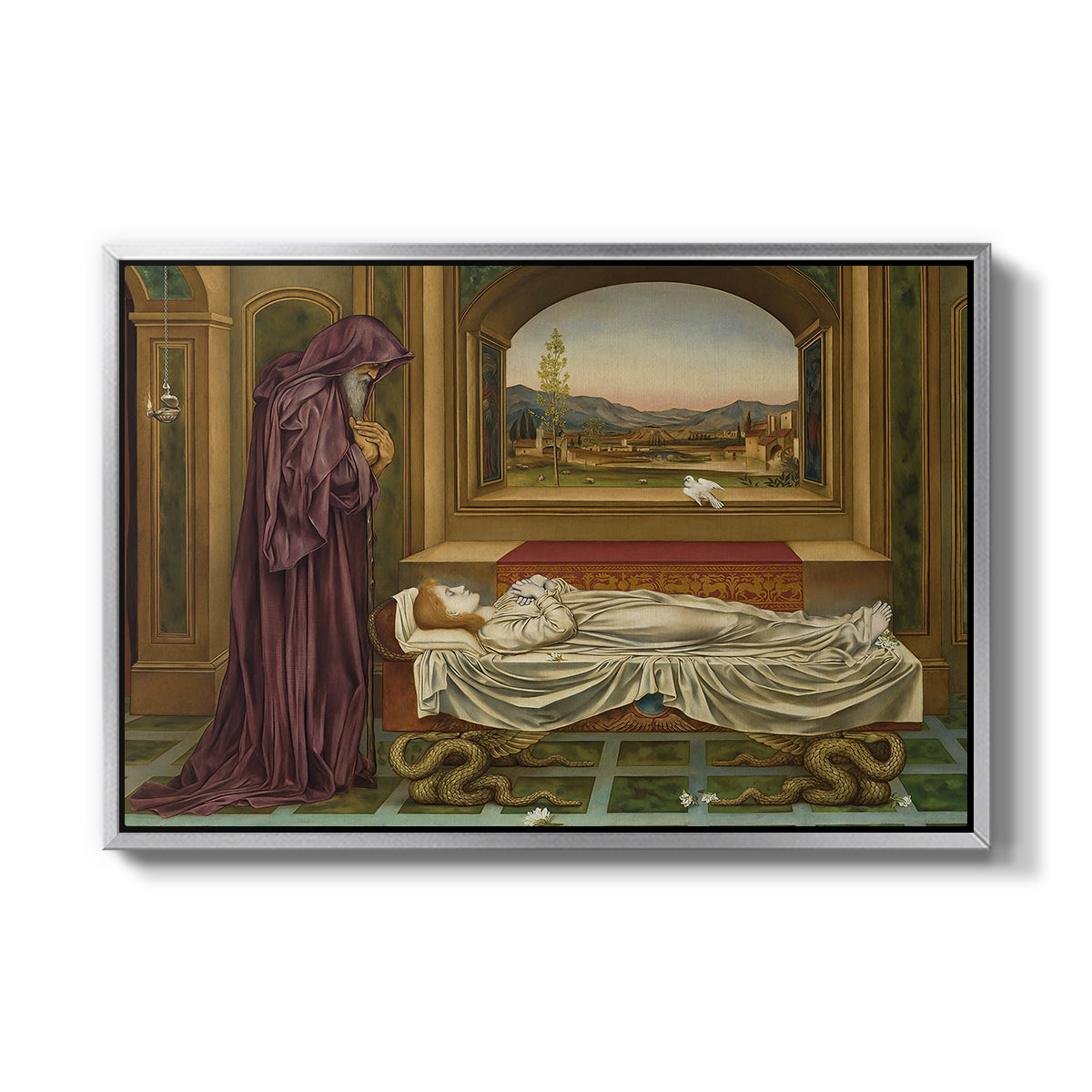 The Wandering Jew: Whom the Gods Love Die Young, 1888 by Evelyn De Morgan in a silver floater framed canvas wall art display.