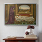 Silver floater framed canvas featuring The Wandering Jew: Whom the Gods Love Die Young, 1888 by Evelyn De Morgan above an entryway table in a minimalist foyer.