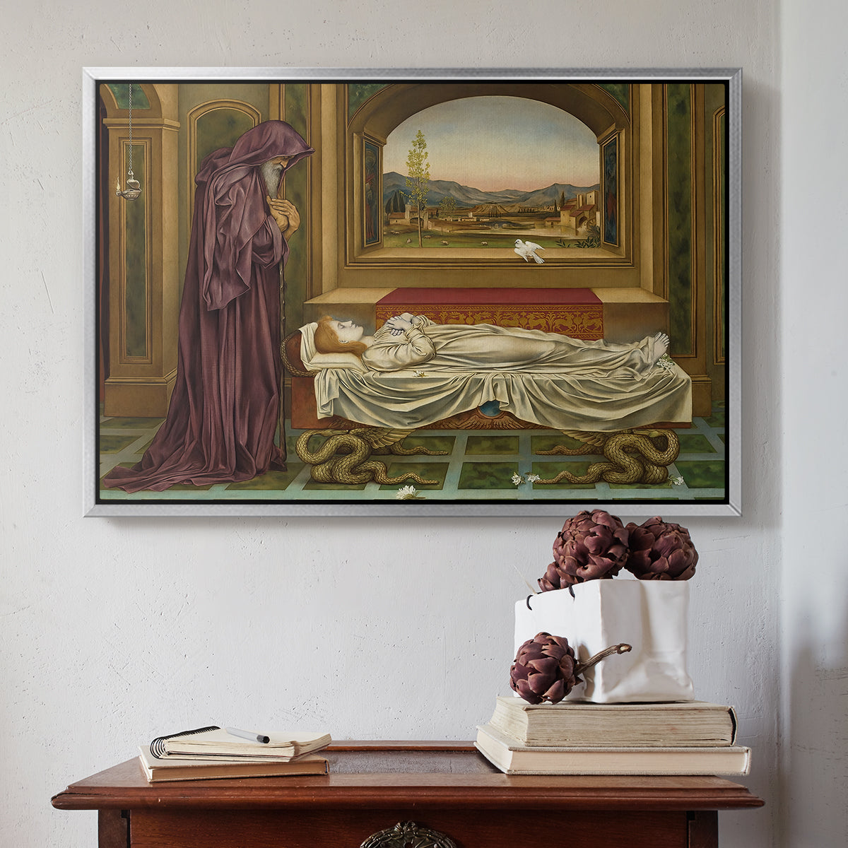 Silver floater framed canvas featuring The Wandering Jew: Whom the Gods Love Die Young, 1888 by Evelyn De Morgan above an entryway table in a minimalist foyer.