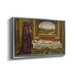 Angled view of The Wandering Jew: Whom the Gods Love Die Young, 1888 by Evelyn De Morgan in a silver floater framed canvas.