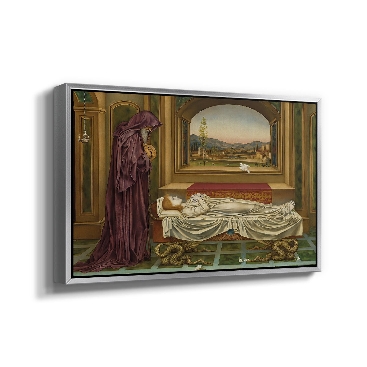 Angled view of The Wandering Jew: Whom the Gods Love Die Young, 1888 by Evelyn De Morgan in a silver floater framed canvas.