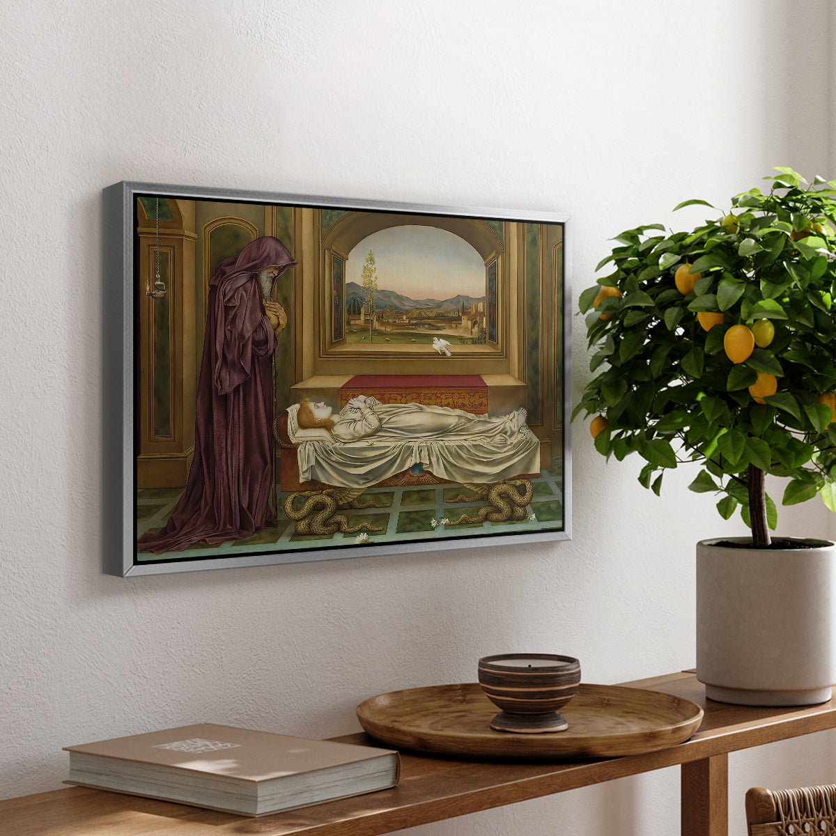 The Wandering Jew: Whom the Gods Love Die Young, 1888 by Evelyn De Morgan, presented in a silver floater framed canvas featuring a solitary figure standing in interior space with contemplative expression, displayed above a hallway console table.