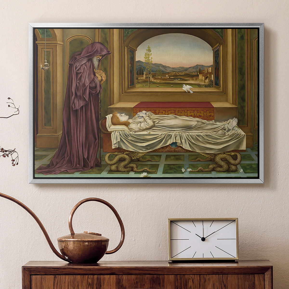 Silver floater framed canvas featuring an introspective scene with lone figure framed by interior elements, displayed above a cabinet in a soft-toned living room.