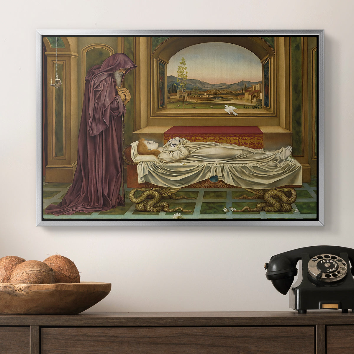 The Wandering Jew: Whom the Gods Love Die Young, 1888 by Evelyn De Morgan in a silver floater framed canvas displayed above a console table in a hallway, featuring a narrative composition with figure paused in reflective moment.
