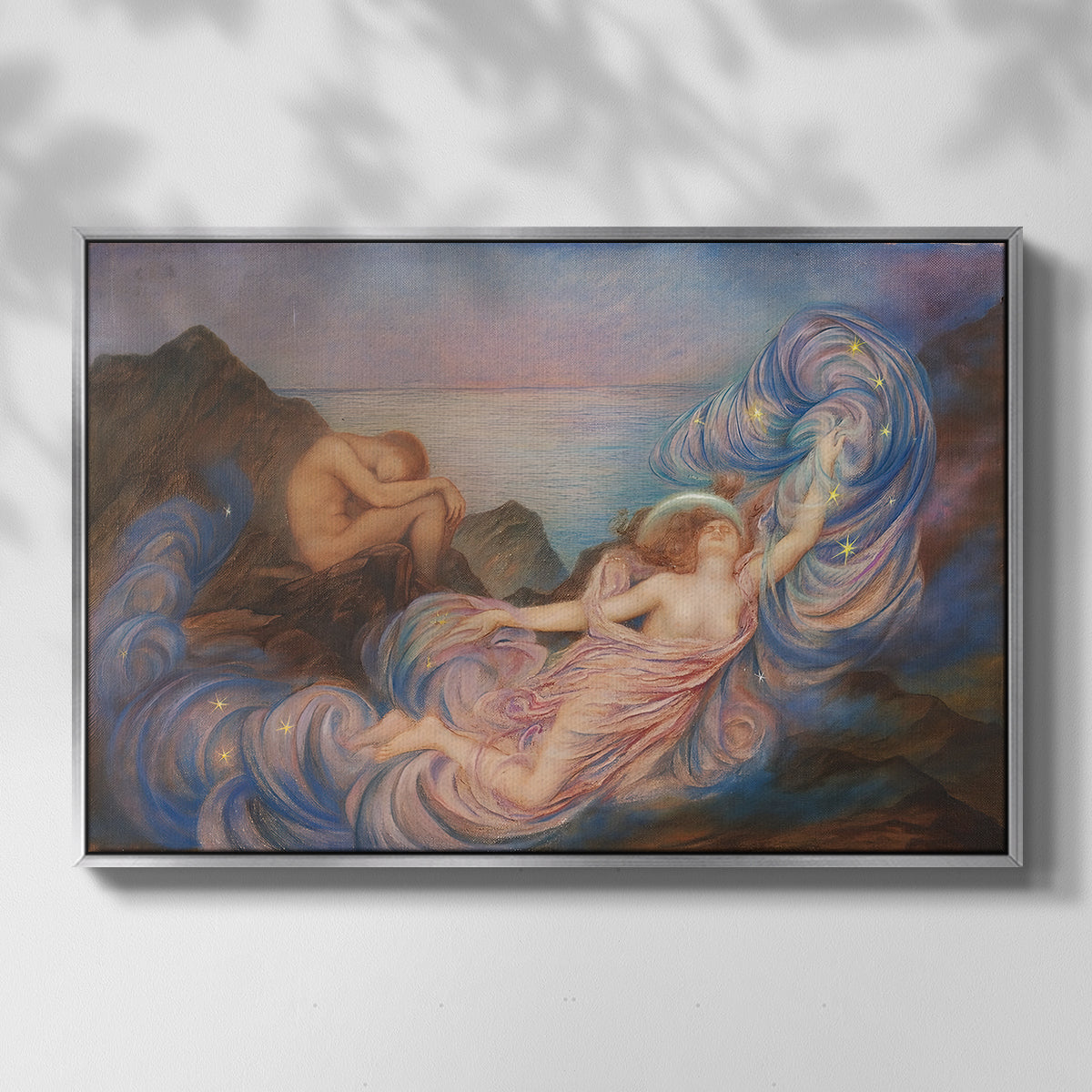 Front view of Twilight, 1914 by Evelyn De Morgan in a silver floater framed canvas.
