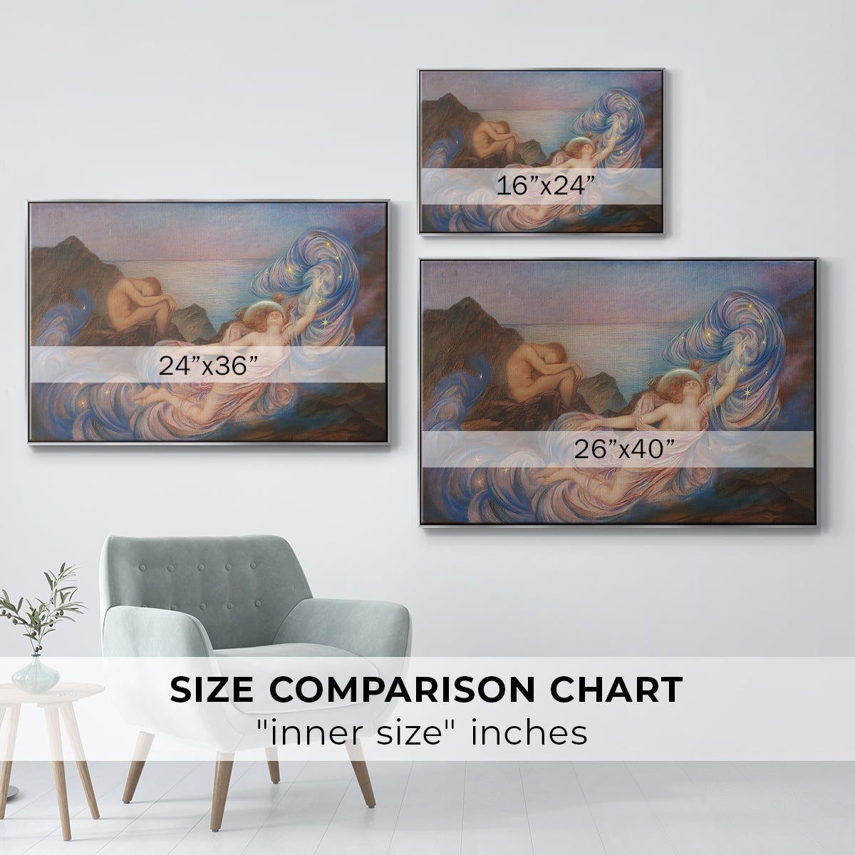 Size comparison chart for silver floater framed canvas featuring Twilight, 1914 by Evelyn De Morgan.