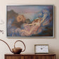 Silver floater framed canvas featuring a dreamlike composition with woman in fading light, displayed above a cabinet in a soft-toned living room.