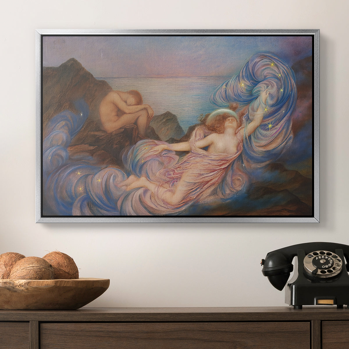 Twilight, 1914 by Evelyn De Morgan in a silver floater framed canvas displayed above a console table in a hallway, featuring a symbolic scene of figure surrounded by evening tones.
