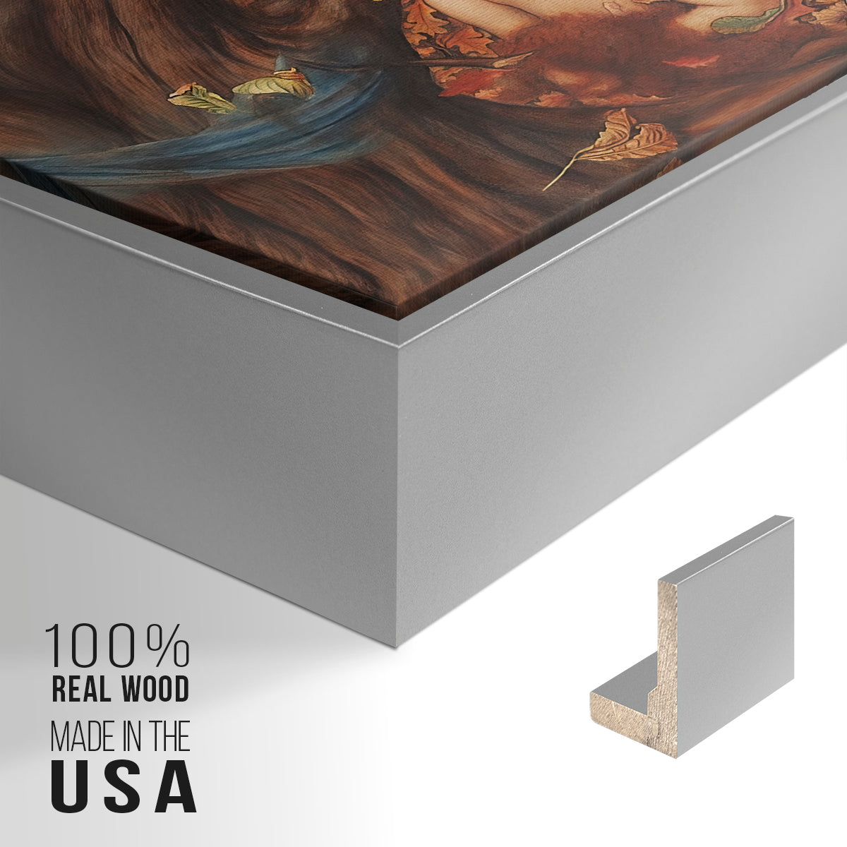 Close-up of the silver floater frame corner and gallery wrapped canvas construction.