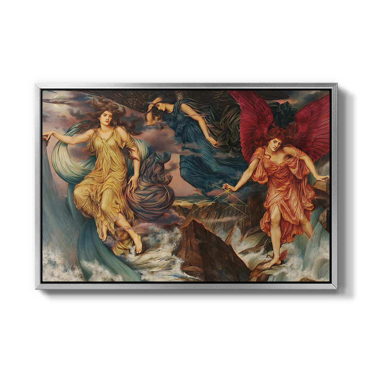 The Storm Spirits, 1900 by Evelyn De Morgan in a silver floater framed canvas wall art display.
