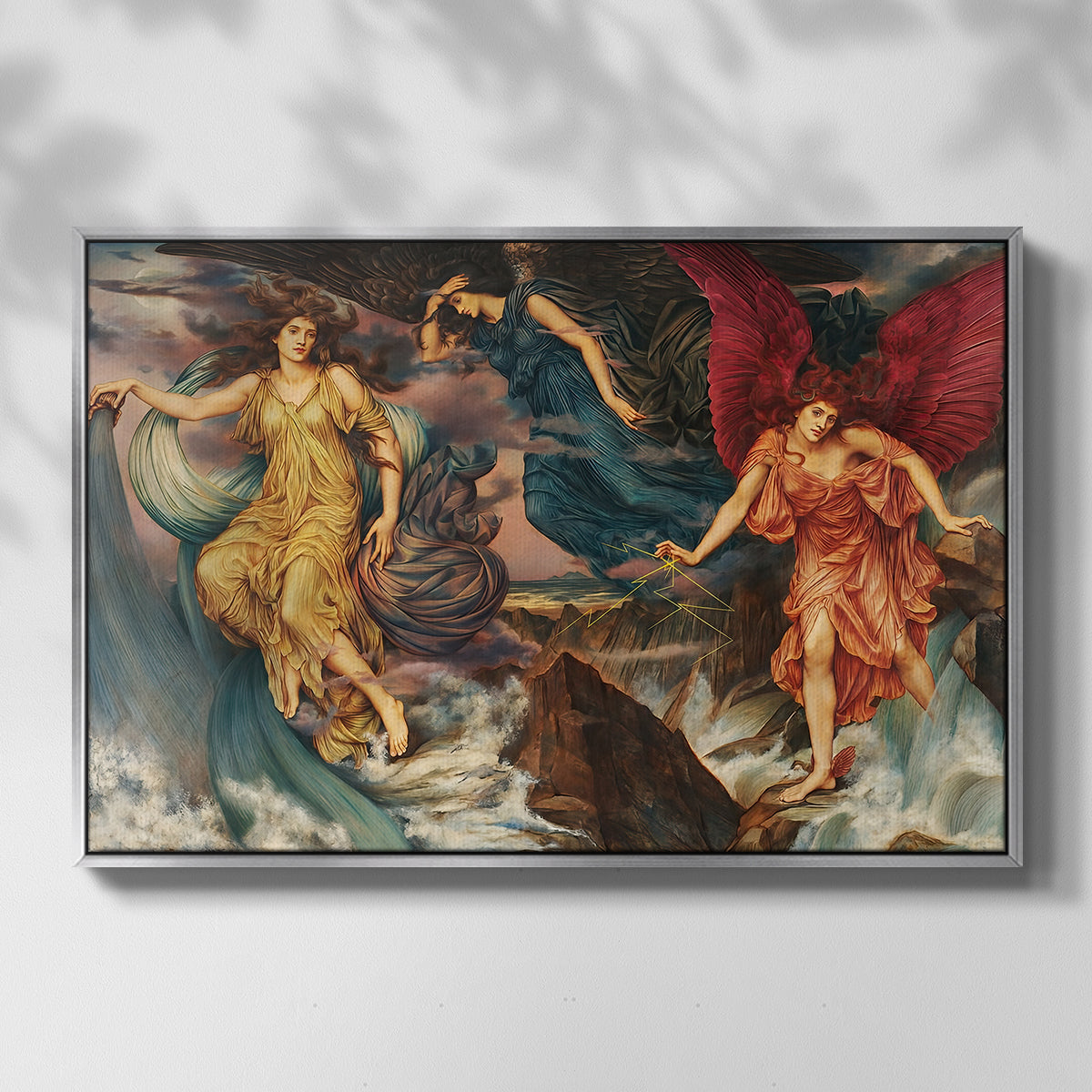 Front view of The Storm Spirits, 1900 by Evelyn De Morgan in a silver floater framed canvas.