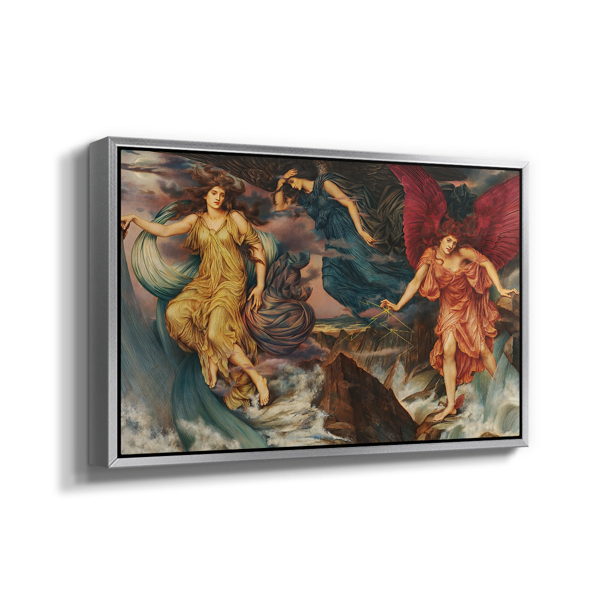 Angled view of The Storm Spirits, 1900 by Evelyn De Morgan in a silver floater framed canvas.