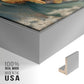 Close-up of the silver floater frame corner and gallery wrapped canvas construction.