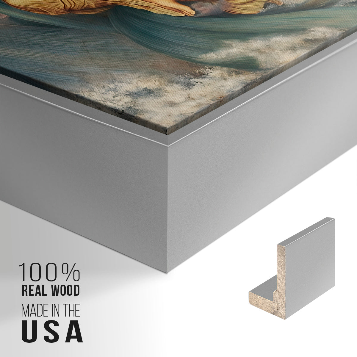 Close-up of the silver floater frame corner and gallery wrapped canvas construction.