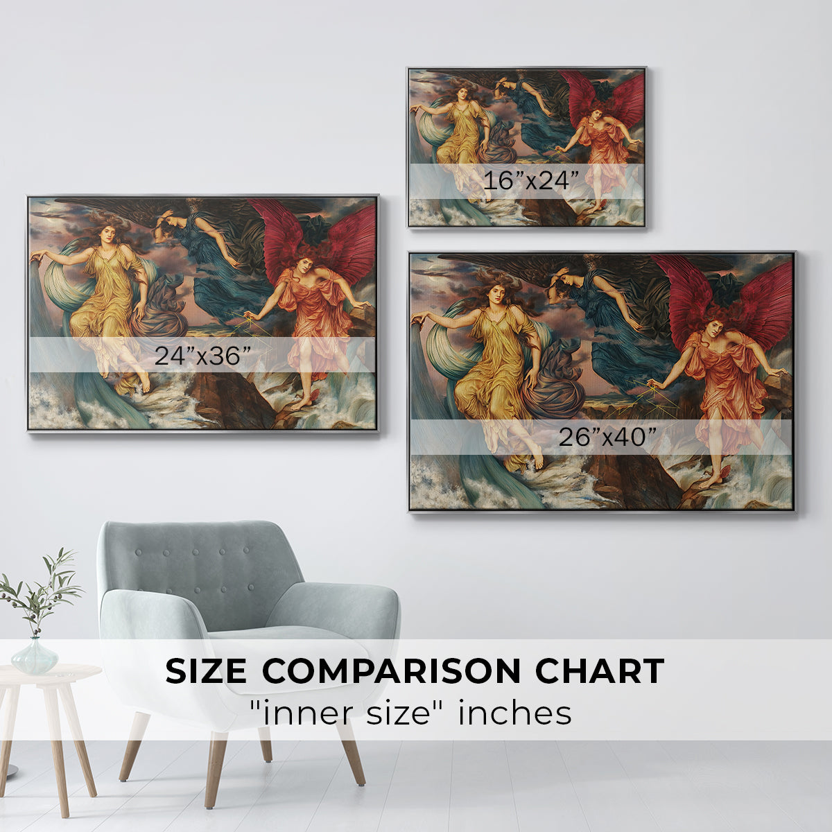 Size comparison chart for silver floater framed canvas featuring The Storm Spirits, 1900 by Evelyn De Morgan.