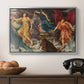 The Storm Spirits, 1900 by Evelyn De Morgan in a silver floater framed canvas displayed above a console table in a hallway, featuring a symbolic scene of airborne figures in chaotic movement.