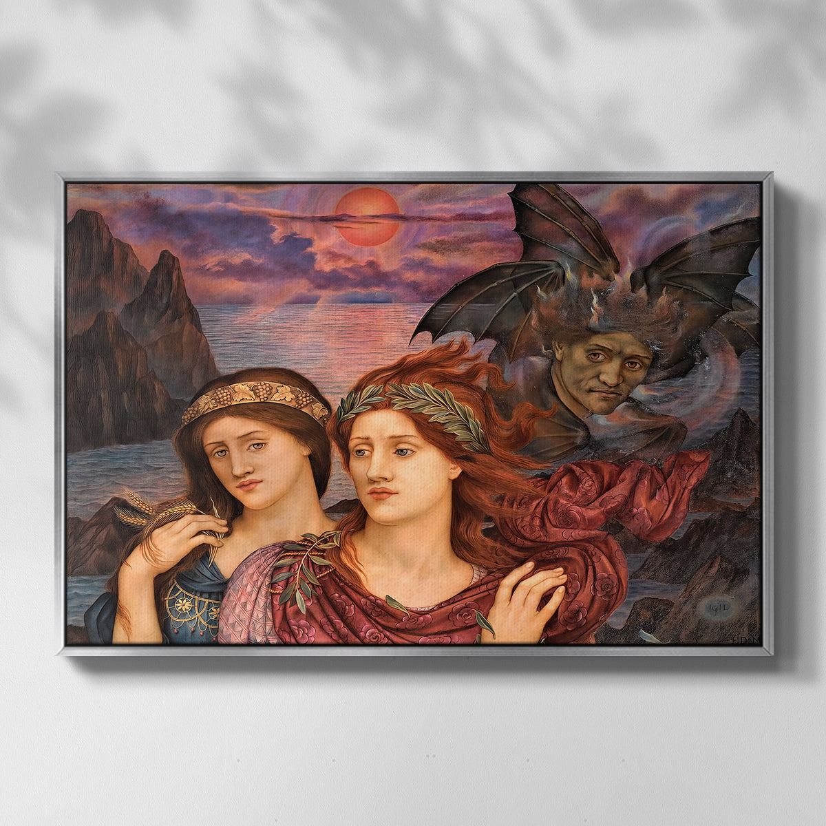 Front view of The Vision, 1914 by Evelyn De Morgan in a silver floater framed canvas.