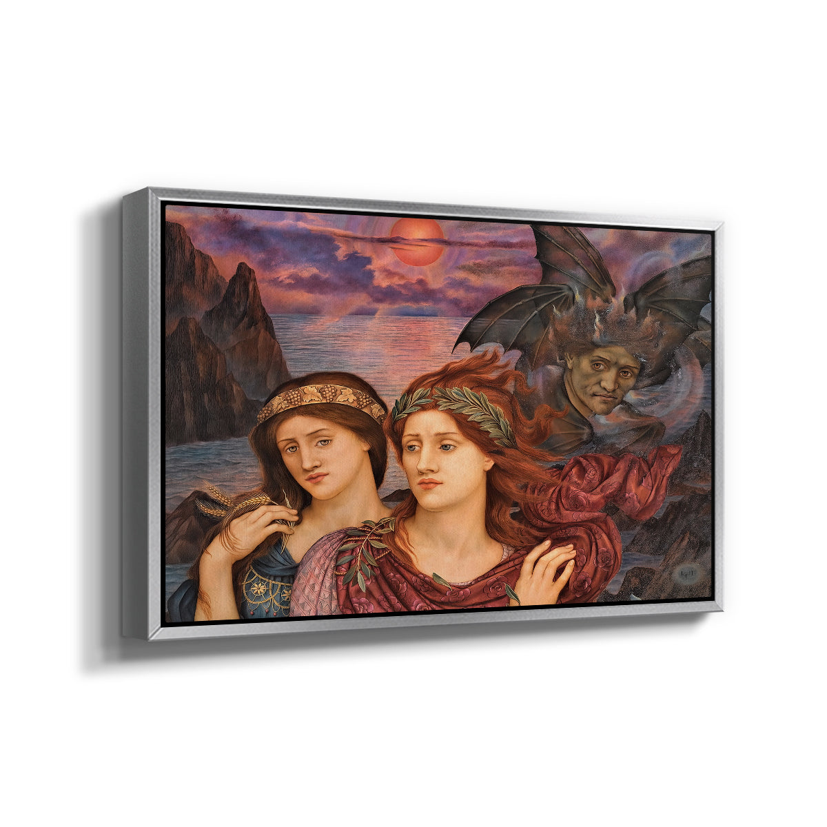 Angled view of The Vision, 1914 by Evelyn De Morgan in a silver floater framed canvas.