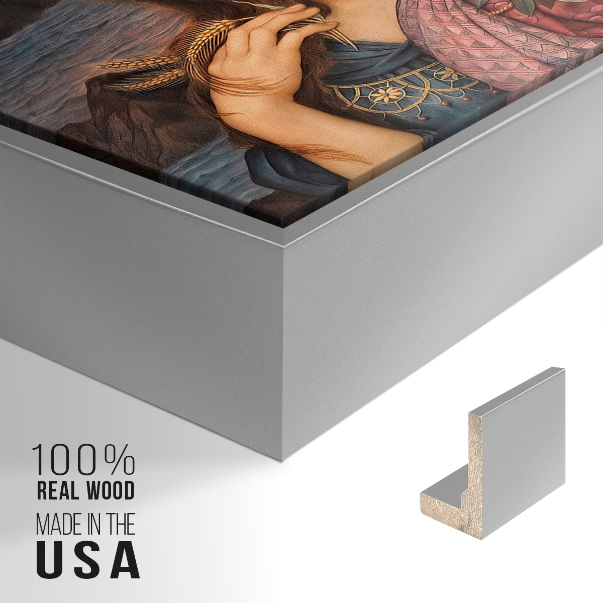Close-up of the silver floater frame corner and gallery wrapped canvas construction.