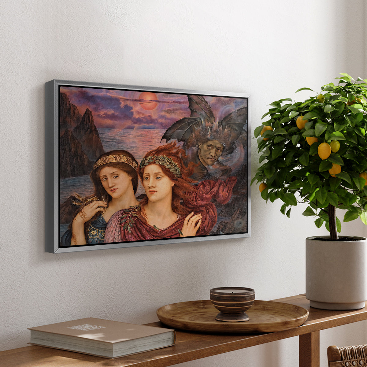 The Vision, 1914 by Evelyn De Morgan, presented in a silver floater framed canvas featuring two female figures gazing outward with vivid sky behind them, displayed above a hallway console table.
