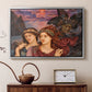 Silver floater framed canvas featuring an expressive composition with figures and dramatic sky, displayed above a cabinet in a soft-toned living room.