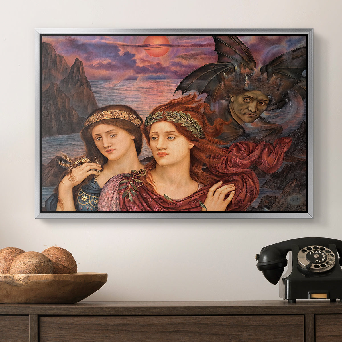 The Vision, 1914 by Evelyn De Morgan in a silver floater framed canvas displayed above a console table in a hallway, featuring an allegorical scene emphasizing emotion and color.