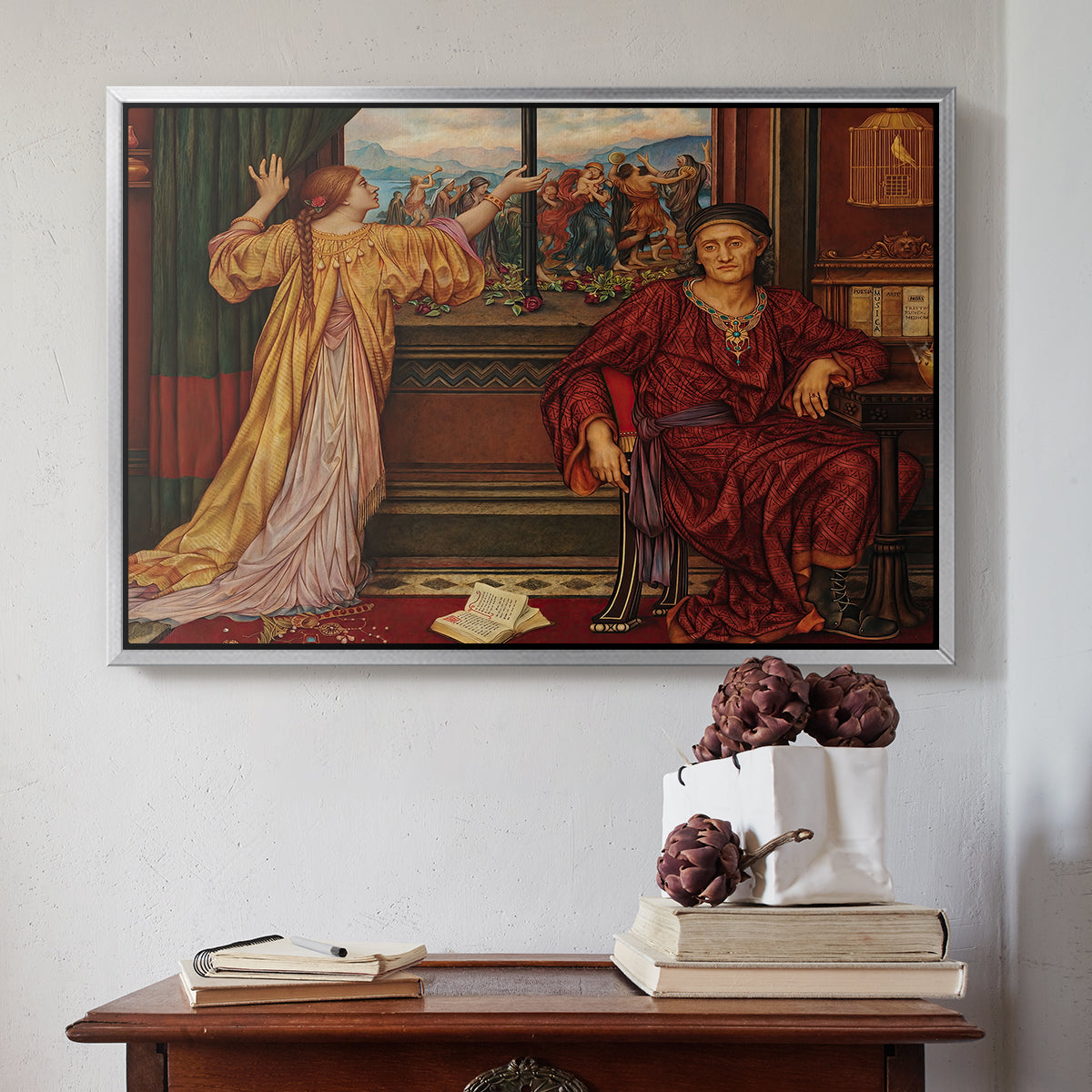 Silver floater framed canvas featuring The Gilded Cage, c. 1901-1902 by Evelyn De Morgan above an entryway table in a minimalist foyer.