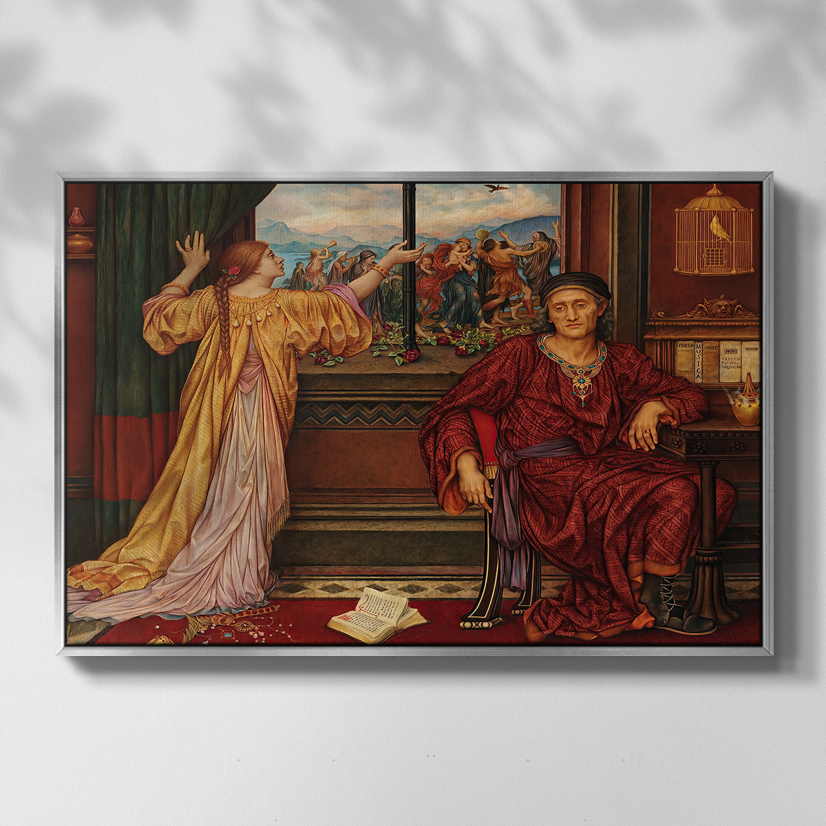 Front view of The Gilded Cage, c. 1901-1902 by Evelyn De Morgan in a silver floater framed canvas.
