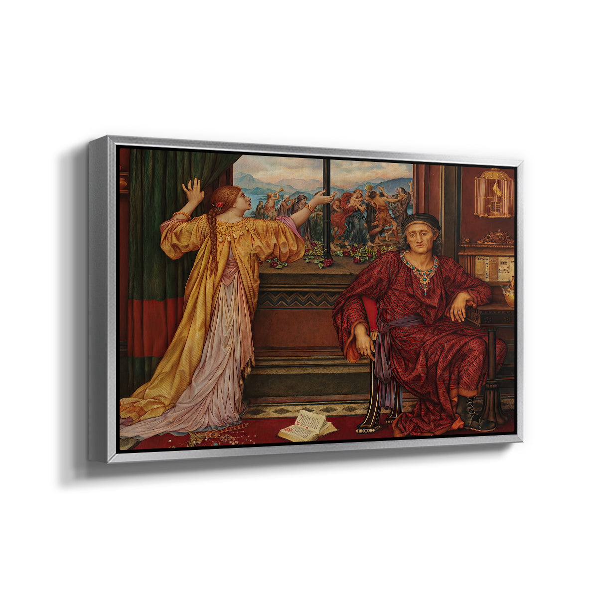 Angled view of The Gilded Cage, c. 1901-1902 by Evelyn De Morgan in a silver floater framed canvas.