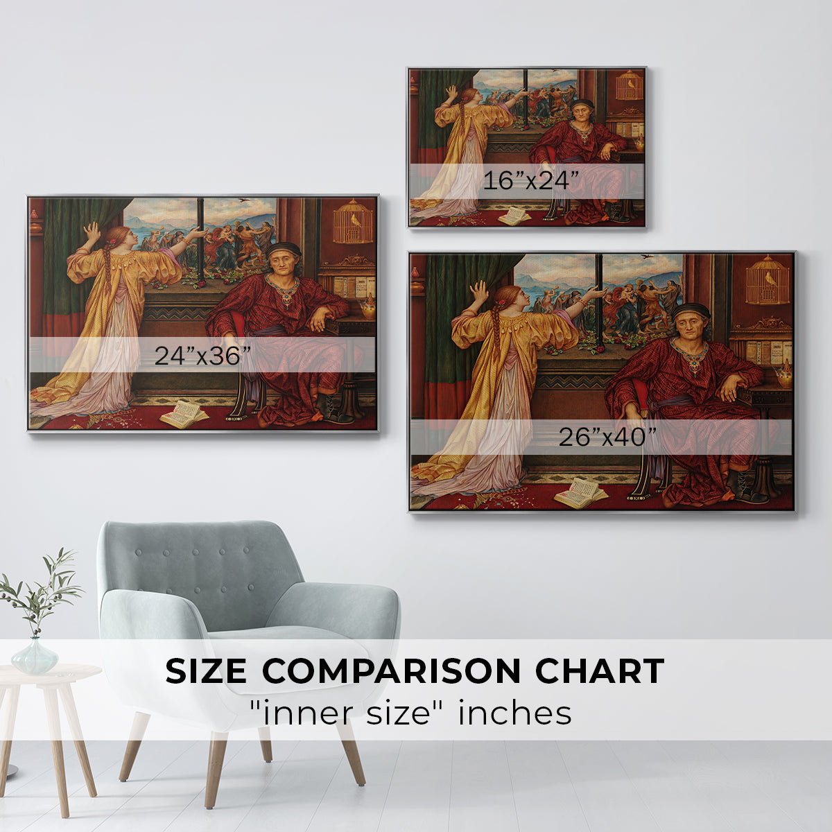 Size comparison chart for silver floater framed canvas featuring The Gilded Cage, c. 1901-1902 by Evelyn De Morgan.