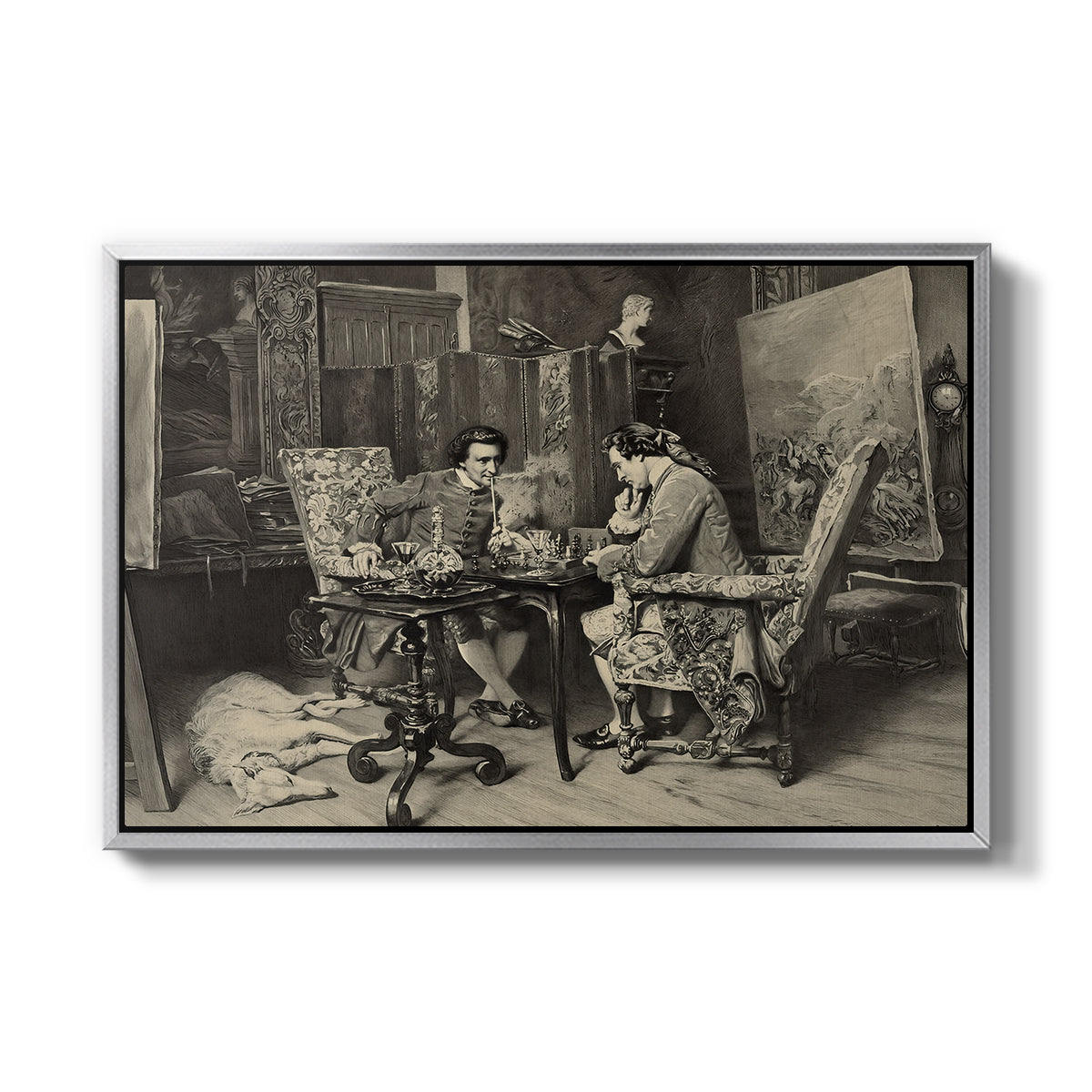 The Chess Players, 1858 by Ernest Meissonier in a silver floater framed canvas wall art display.