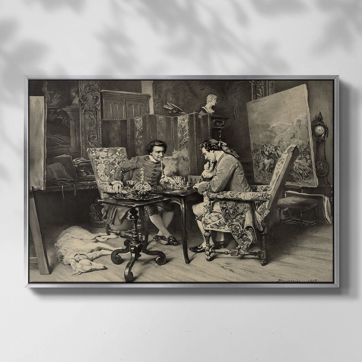 Front view of The Chess Players, 1858 by Ernest Meissonier in a silver floater framed canvas.