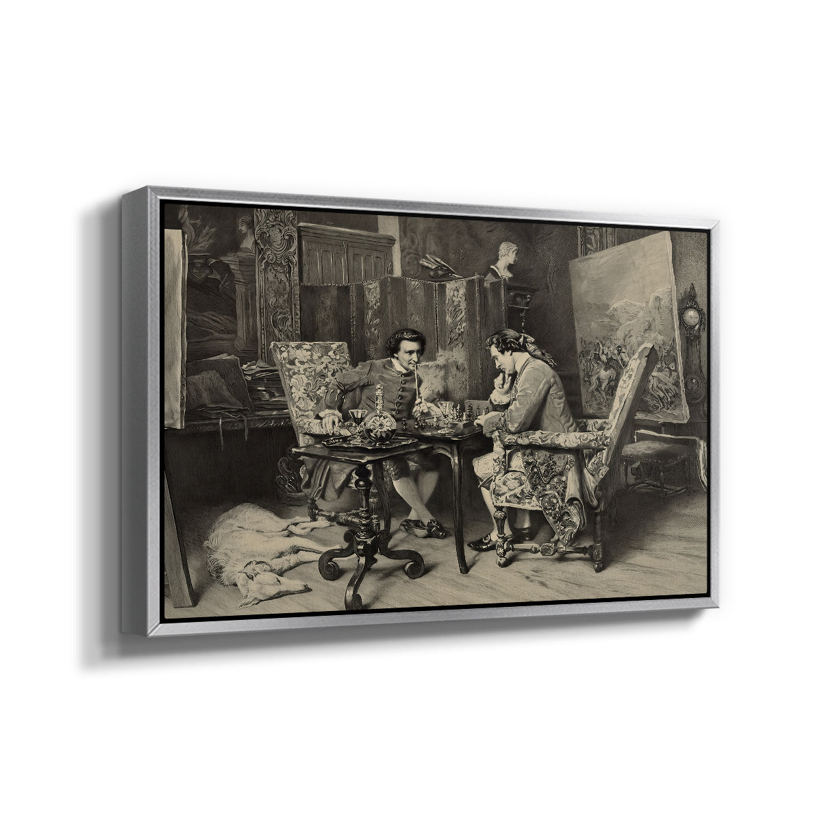 Angled view of The Chess Players, 1858 by Ernest Meissonier in a silver floater framed canvas.