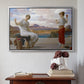 Silver floater framed canvas featuring Winding the Skein, c. 1878 by Frederic Leighton above an entryway table in a minimalist foyer.