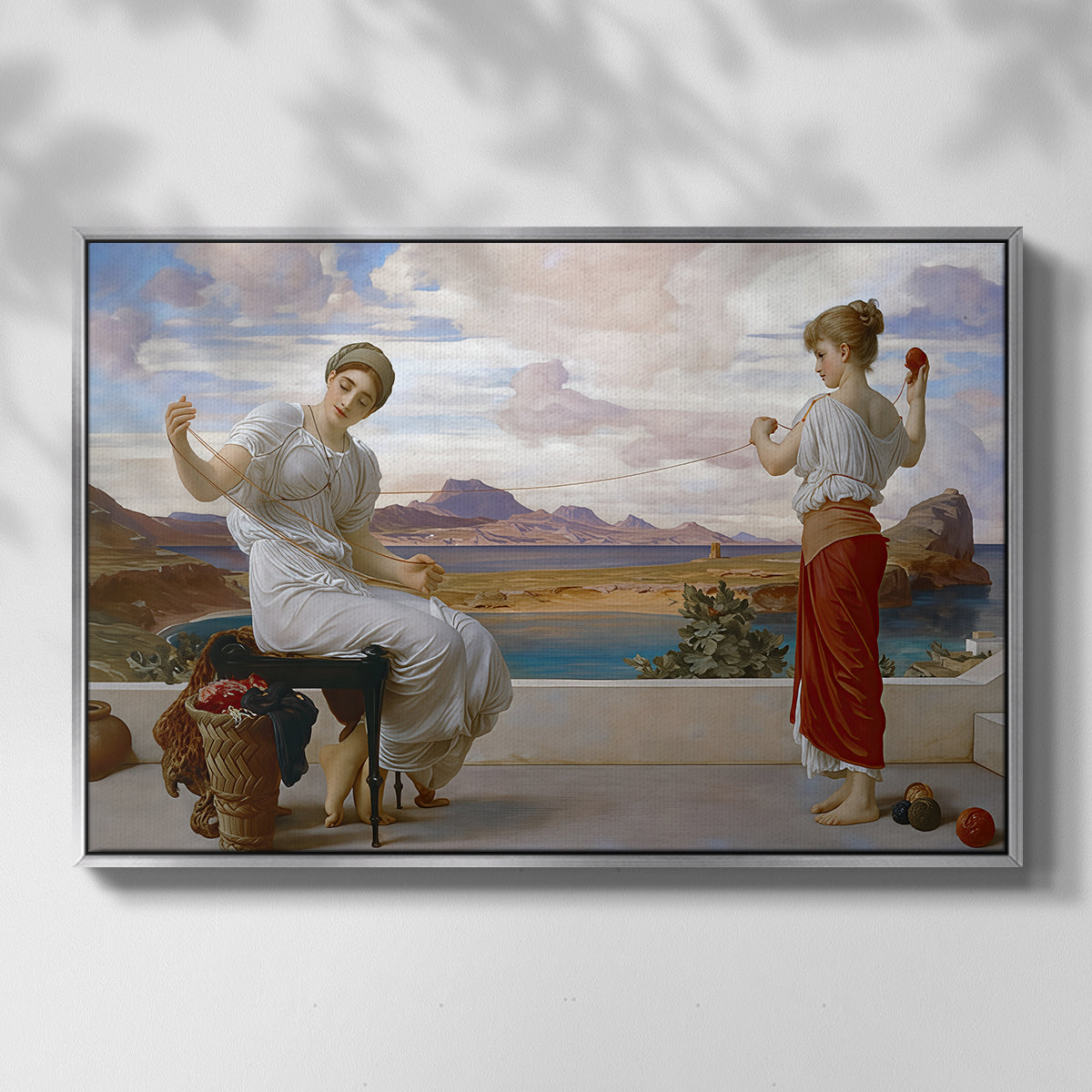 Front view of Winding the Skein, c. 1878 by Frederic Leighton in a silver floater framed canvas.