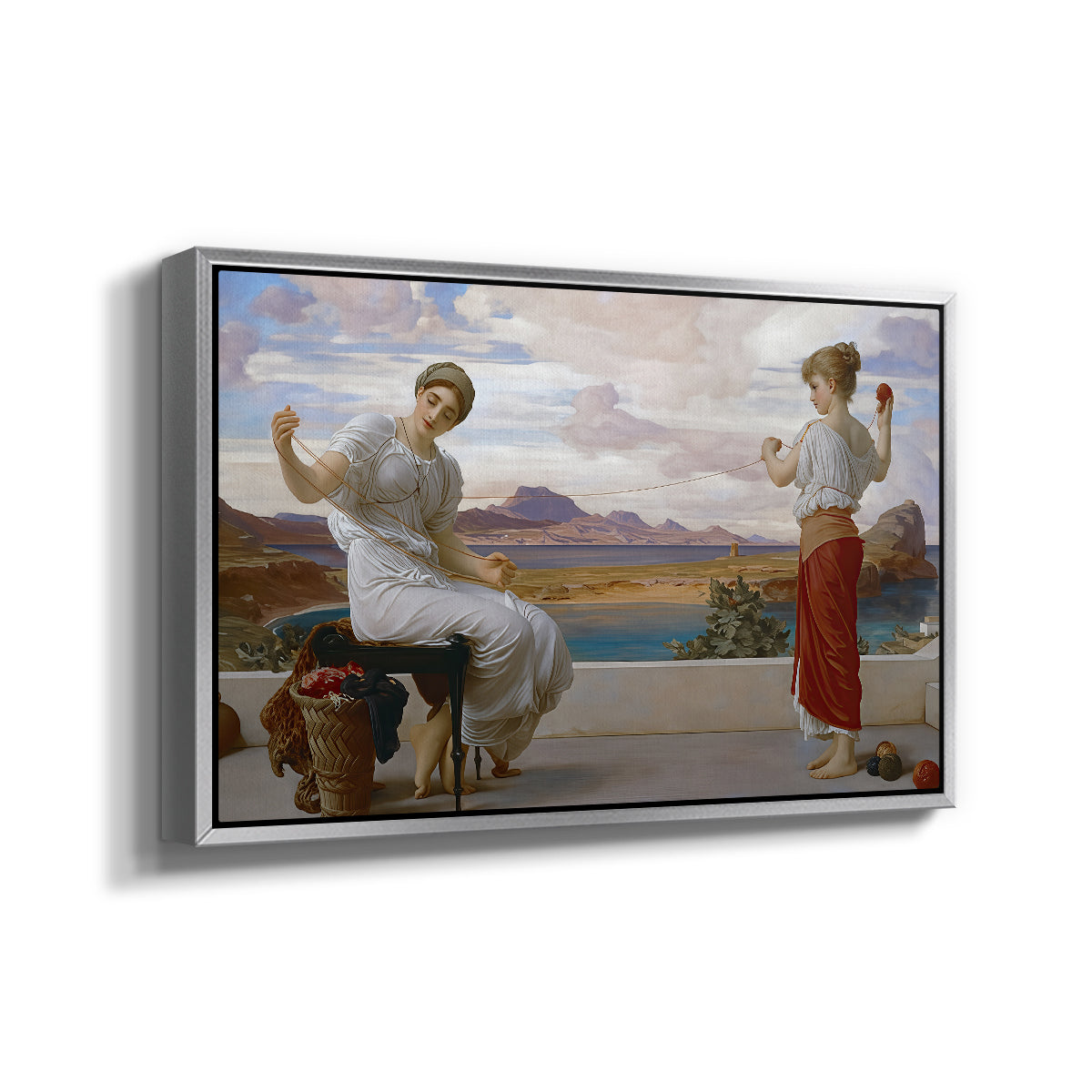 Angled view of Winding the Skein, c. 1878 by Frederic Leighton in a silver floater framed canvas.