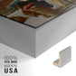 Close-up of the silver floater frame corner and gallery wrapped canvas construction.