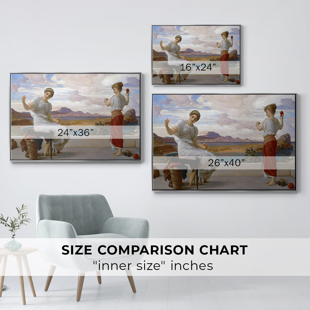 Size comparison chart for silver floater framed canvas featuring Winding the Skein, c. 1878 by Frederic Leighton.
