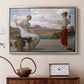Silver floater framed canvas featuring a classical scene of figures winding thread together, displayed above a cabinet in a soft-toned living room.