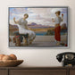 Winding the Skein, c. 1878 by Frederic Leighton in a silver floater framed canvas displayed above a console table in a hallway, featuring an elegant composition of women performing domestic task.