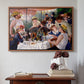Walnut floater framed canvas featuring Luncheon of the Boating Party (Le Déjeuner des canotiers), 1880-1881 by Pierre-Auguste Renoir above an entryway table in a minimalist foyer.