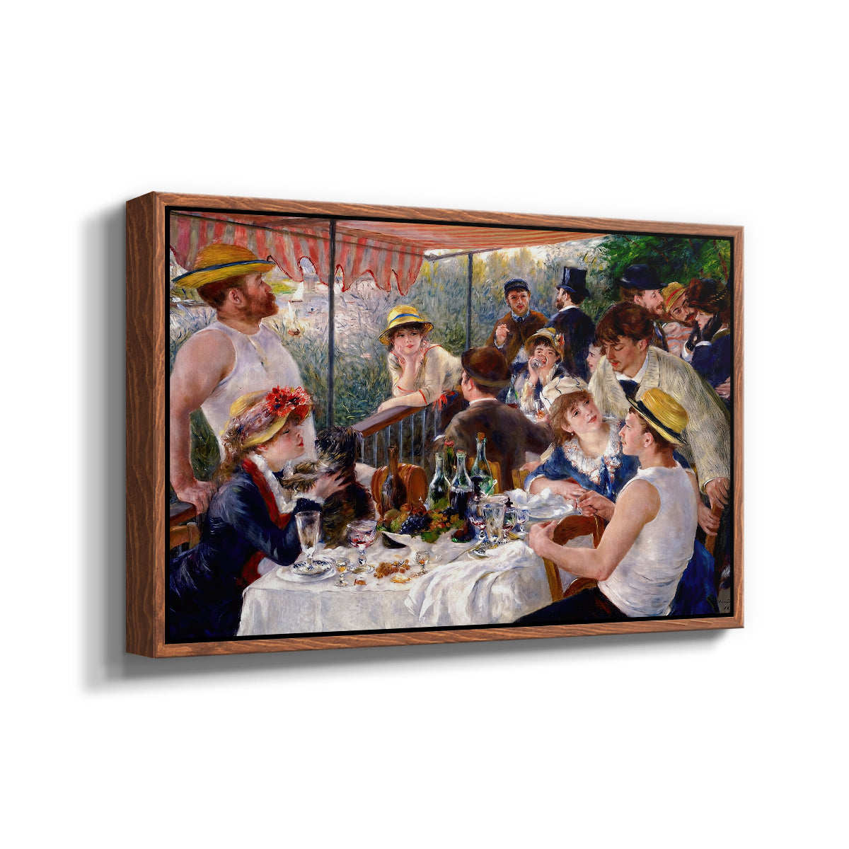 Angled view of Luncheon of the Boating Party (Le Déjeuner des canotiers), 1880-1881 by Pierre-Auguste Renoir in a walnut floater framed canvas.