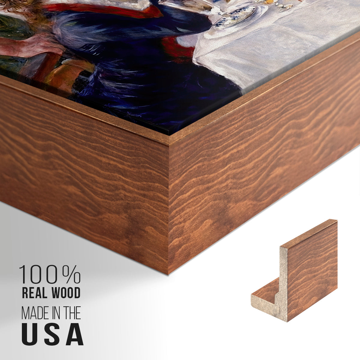 Close-up of the walnut floater frame corner and gallery wrapped canvas construction.