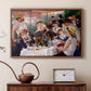 Walnut floater framed canvas featuring an impressionist scene of friends enjoying lunch with wine and conversation, displayed above a cabinet in a soft-toned living room.