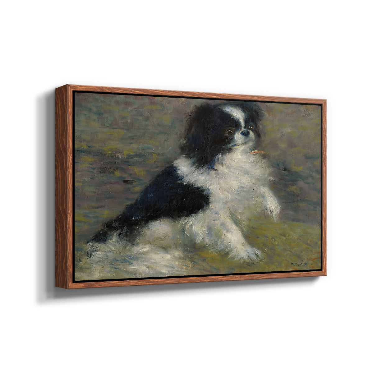 Angled view of Tama, the Japanese Dog, c. 1876 by Pierre-Auguste Renoir in a walnut floater framed canvas.