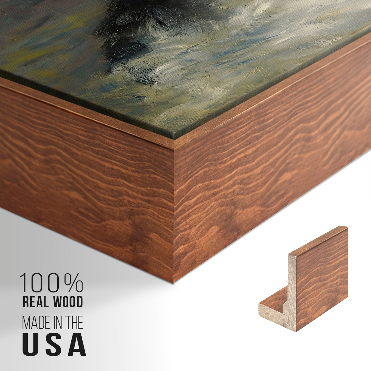 Close-up of the walnut floater frame corner and gallery wrapped canvas construction.