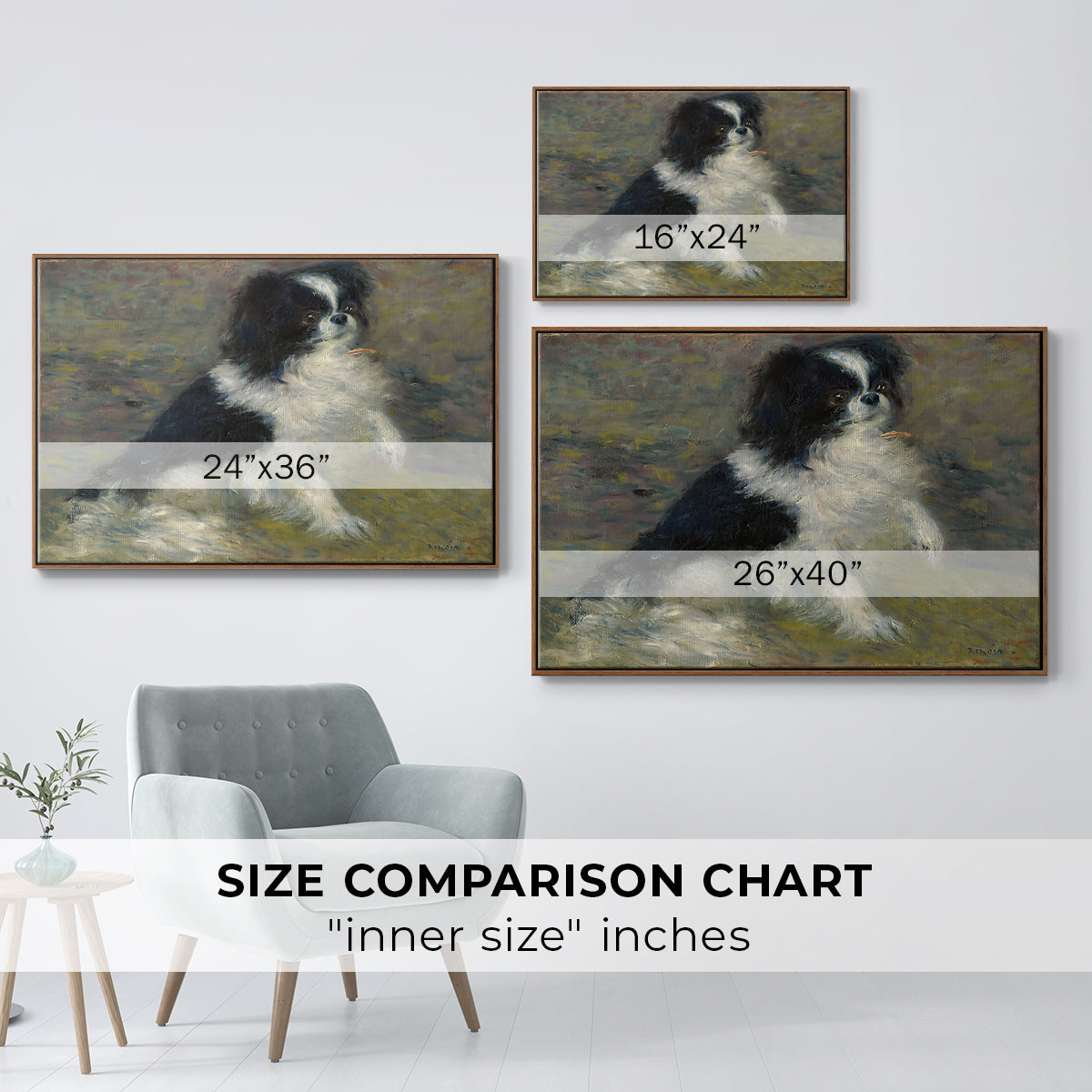 Size comparison chart for walnut floater framed canvas featuring Tama, the Japanese Dog, c. 1876 by Pierre-Auguste Renoir.