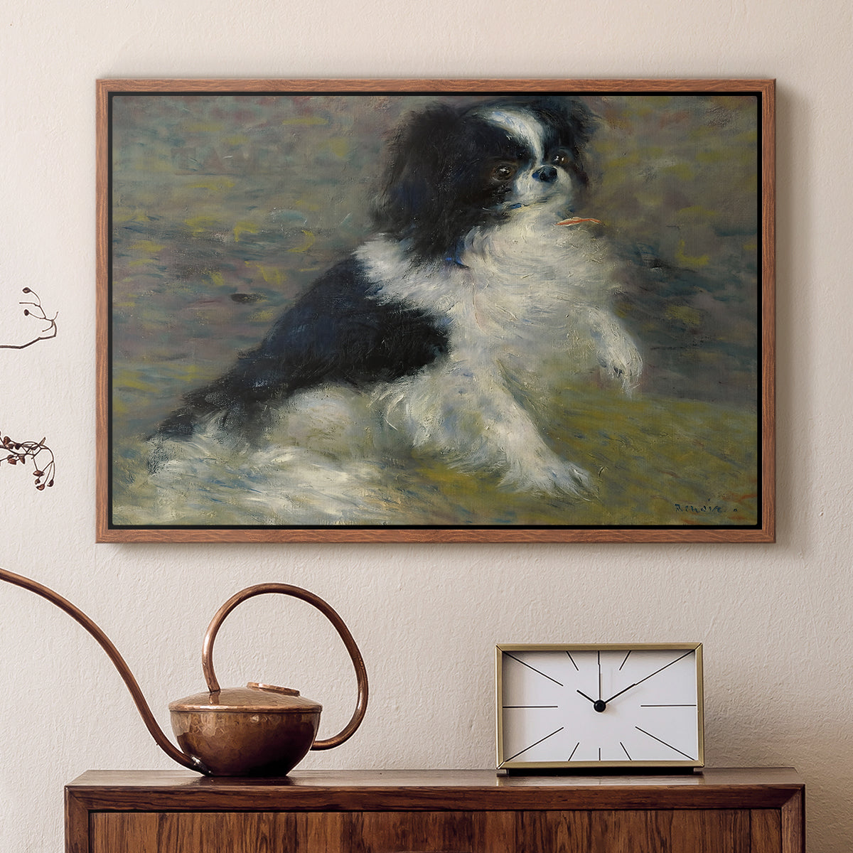Walnut floater framed canvas featuring a close-up of a small dog in motion surrounded by rippling water, displayed above a cabinet in a soft-toned living room.